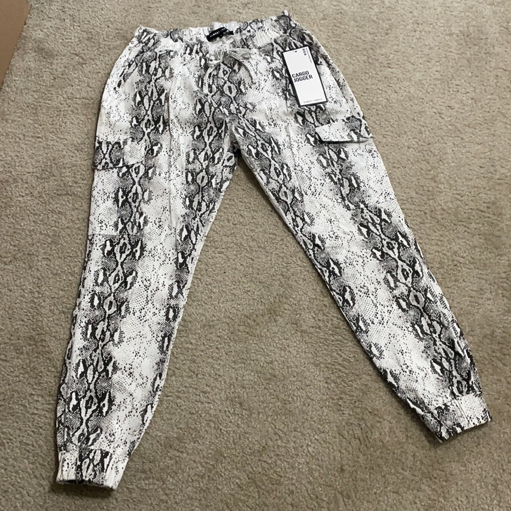 Cargo white snake skin joggers w pockets on side